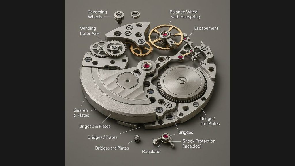 Schéma annoté mouvement mécanique montre — مخطط آلية الساعة